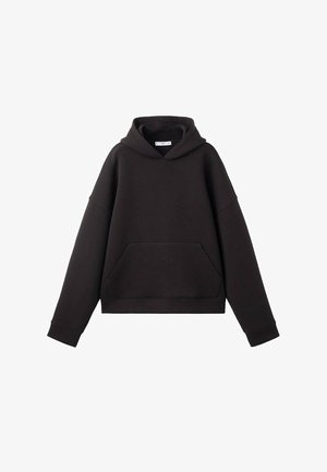 Svart kort hoodie gjord av mjuk bomullsblandning. Funktioner en framficka, oversized passform och breda muddar. Inga synliga varumärkesmärken.