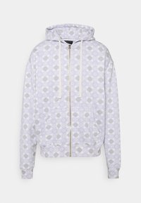 Sweat à capuche zippé intégral gris clair avec cordons blancs et motif géométrique en forme de losange, doté de poches frontales et de poignets et ourlet côtelés.