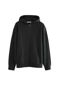 Sort hætte sweatshirt lavet af tekstureret stof med en front kangaroo lomme og ribbede manchetter. Enkel, minimal design.