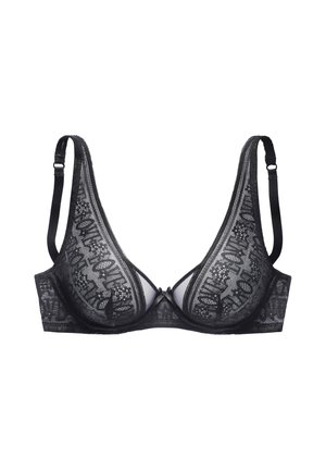 Black lace bra with underwire and adjustable straps, featuring a floral pattern and the word "LOVE" repeated across the cups.