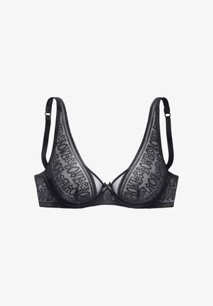 Black lace bra with underwire and adjustable straps, featuring a floral pattern and the word "LOVE" repeated across the cups.