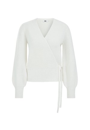 Witte gebreide wikkeltrui met een diepe V-hals, lange pofmouwen, gestructureerde ribbeltextuur en een striksluiting in de taille.