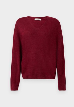 Maglione bordeaux a scollo a V in un morbido tessuto a maglia testurizzata. Presenta maniche lunghe e una vestibilità comoda, con un piccolo dettaglio del logo all'orlo.