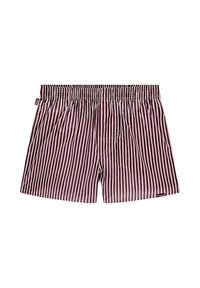 Boxer a righe con una cintura elastica morbida, realizzati in tessuto leggero con strisce verticali di colore viola scuro e crema.