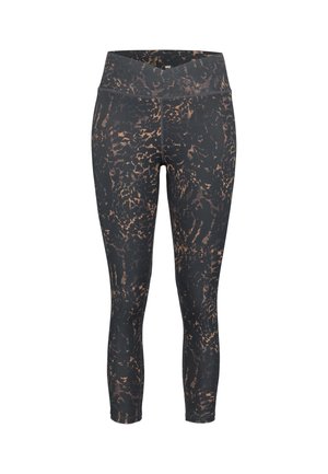 Leggings neri a vita alta con motivo astratto animale marrone, mostrati frontalmente su sfondo bianco.