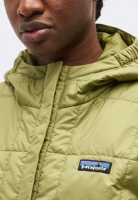 Inimese lähivõte, kes kannab heledat rohelist Patagonia kapuutsiga tepitud jopet, mille rinnal on brändi logo.