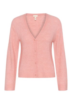 Hellrosa Strickjacke mit V-Ausschnitt, langen Ärmeln und Knopfverschluss. Hergestellt aus weichem, strukturiertem Stoff mit geripptem Saum und Bündchen.