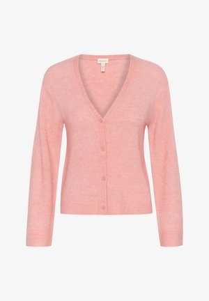 Lichtroze cardigan met een V-hals, lange mouwen en knopen sluiting. Gemaakt van zachte, gestructureerde stof met geribbelde zoom en manchetten.
