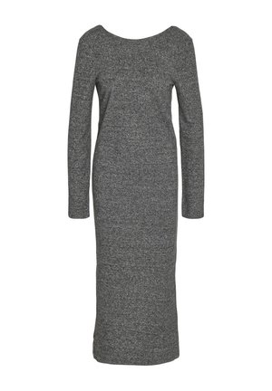 Langärmliges, tailliertes Kleid aus dunkelgrauem Stoff mit rundem Ausschnitt und glatter Textur, das bis zur Knöchellänge reicht.