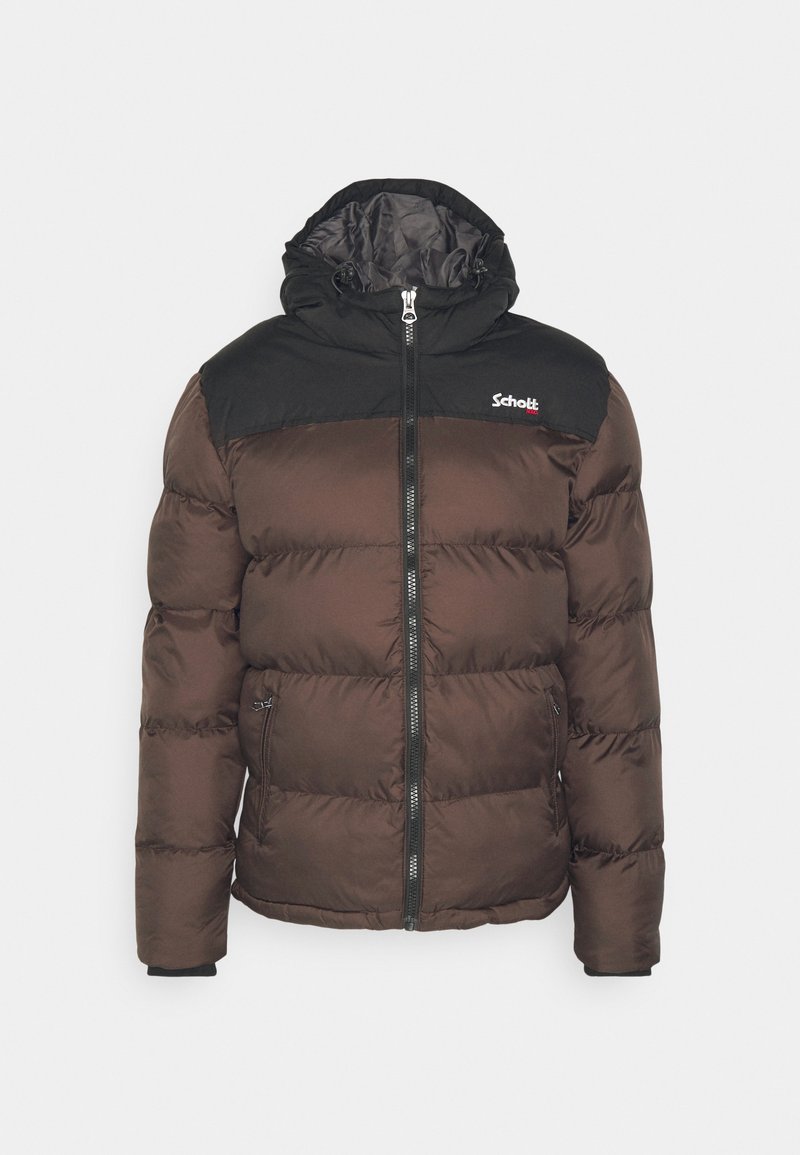Veste matelassée brune avec une section supérieure noire, fermeture éclair et capuche. Comprend des poches latérales et des poignets élastiques pour l'isolation.
