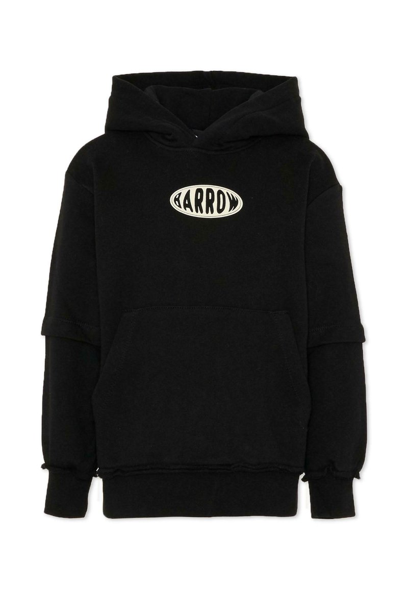 Felpa nera in cotone con tasca anteriore e maniche lunghe. Presenta un logo bianco ovale "BARROW" sul petto. Tessuto texturizzato.