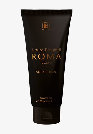 Schwarze Tube des Laura Biagiotti Roma Uomo Nero Estremo Duschgels, 200 ml, mit goldener Schrift und Klappdeckel.