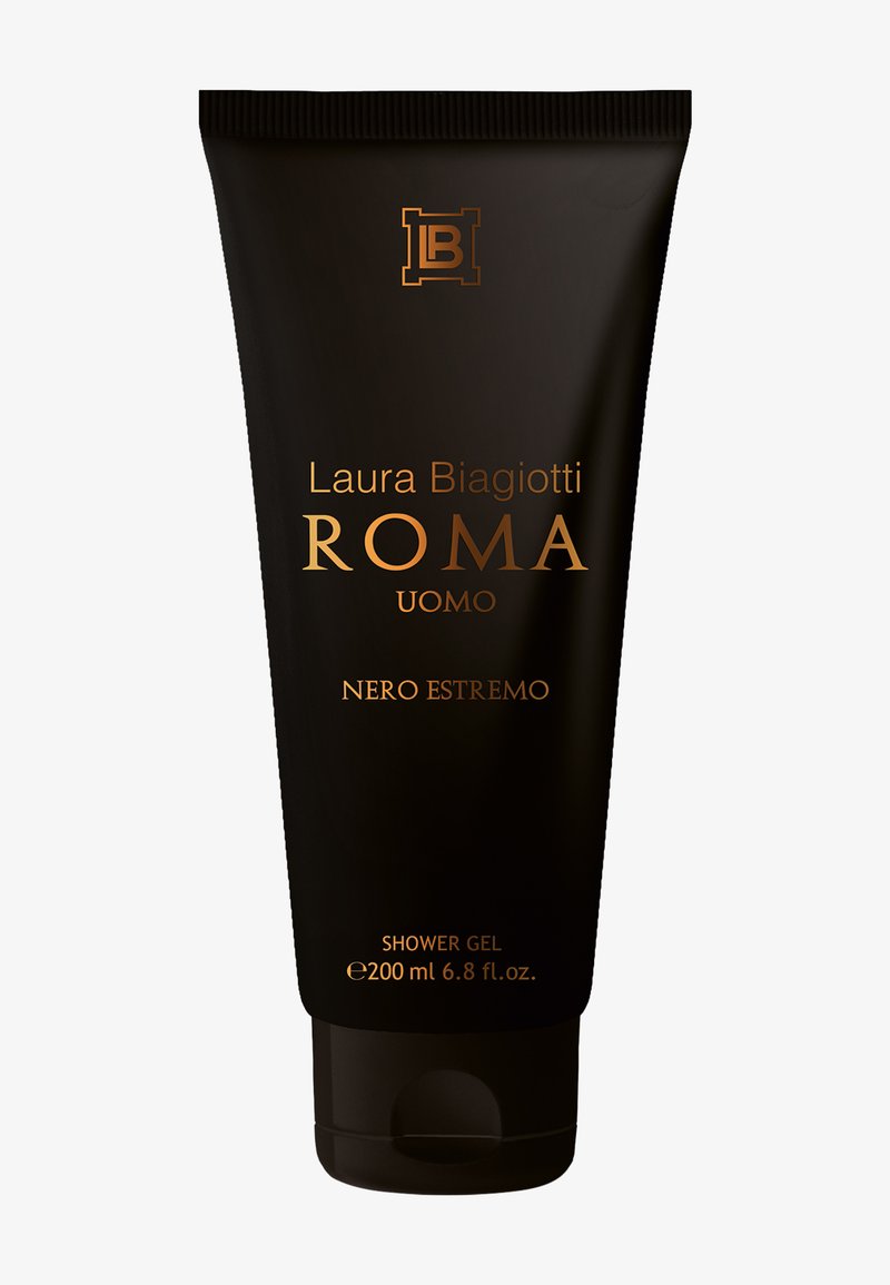 Tube noir de gel douche Laura Biagiotti Roma Uomo Nero Estremo, 200 ml, avec texte doré et bouchon à clapet.