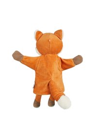 Back view of an orange plush fox toy with outstretched arms, brown paws, and a white-tipped tail on a white background.
