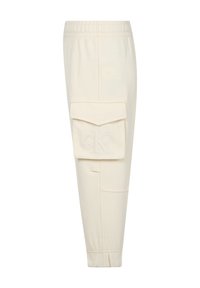 Crèmekleurige cargobroek met een elastische tailleband, textured stof en een grote zijzak met een geborduurd logo.