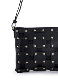 Black leather clutch with woven design, featuring rectangular panels and gold hardware accents. Adjustable strap for versatility.