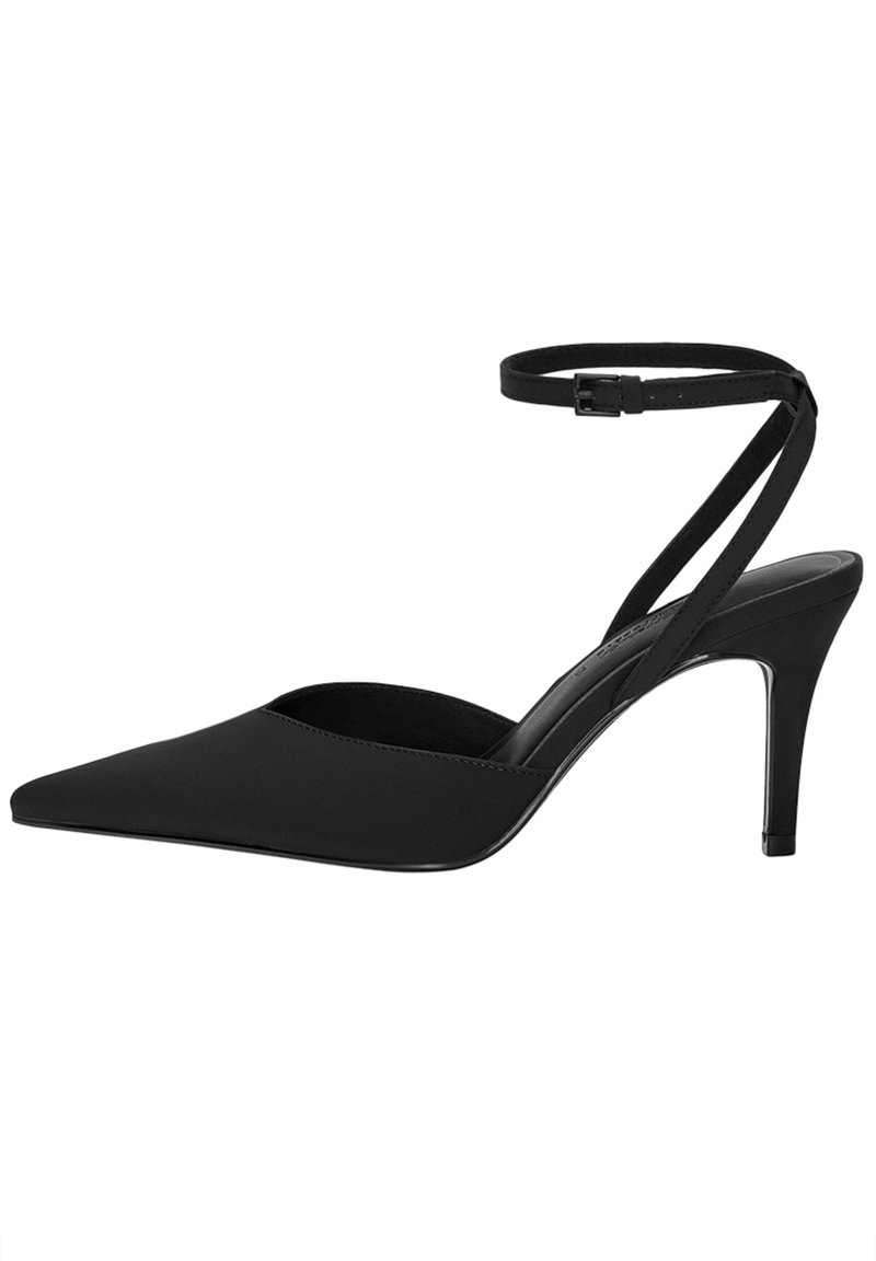 Black pointed-toe pump with a sleek satin finish, ankle strap, and a 3-inch stiletto heel. Minimalist design, no patterns or accents.