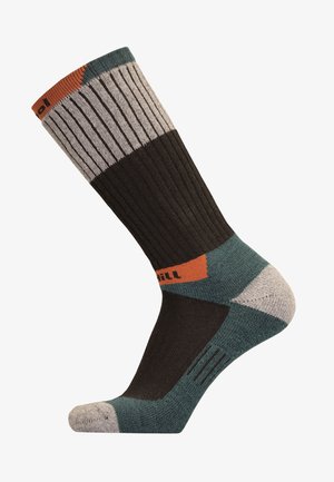 Kniestrümpfe mit Rippendesign in Schwarz, Grau und Türkis. Auffälliges oranges Branding oben. Strukturiertes Gewebe.