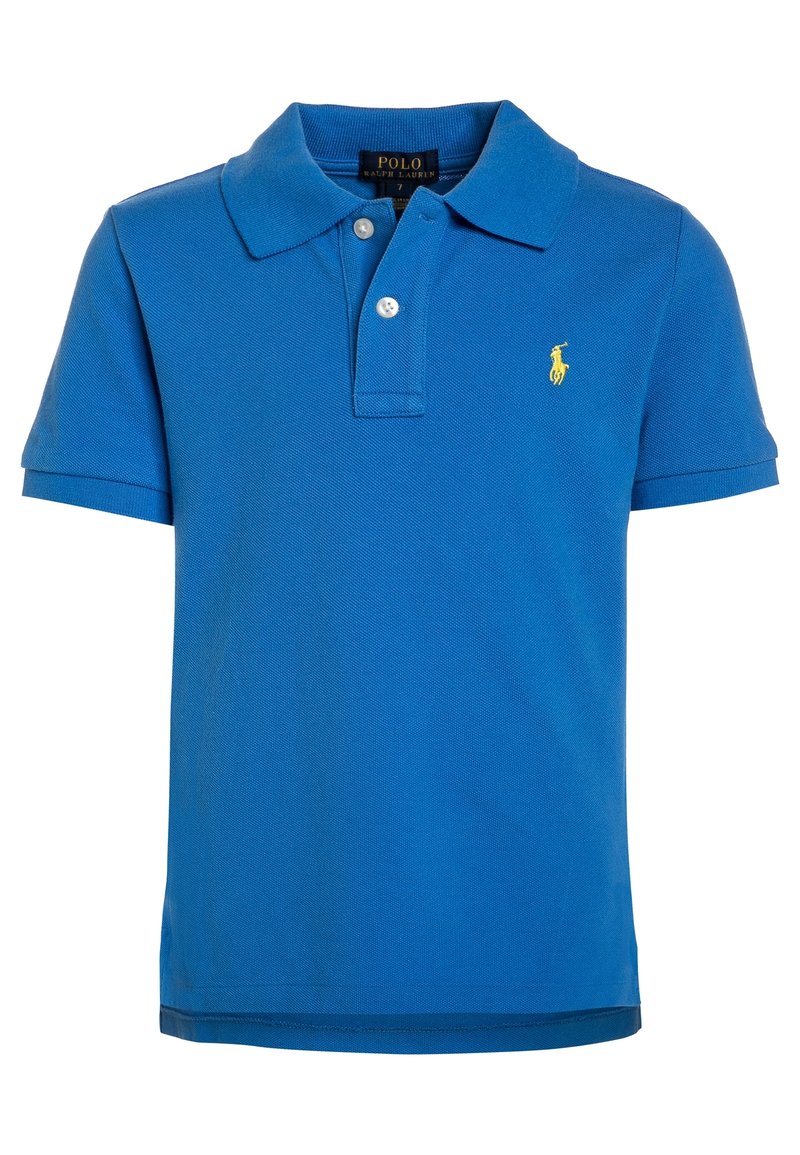 Polo azul hecho de un tejido texturizado con cuello clásico, tapeta de tres botones y un pequeño logo amarillo en el lado izquierdo del pecho.