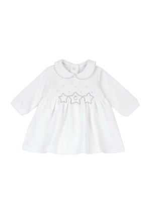 Abito di cotone bianco con maniche lunghe, colletto rotondo, busto trapuntato e dettagli ricamati a forma di stella in vita. Texture morbida, forma a trapezio.