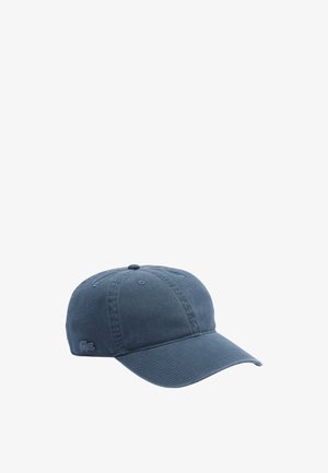 Gorra de béisbol de algodón azul con visera curvada, diseño de seis paneles y logo bordado en el lateral. Textura suave y estilo casual.