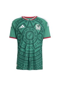 Green soccer jersey with red and white accents, featuring intricate black patterns. Includes the Mexico national team logo and Adidas branding.