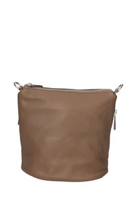 Borsa a tracolla in pelle marrone con forma arrotondata, chiusura con zip e dettagli in metallo color argento. Texture liscia con design minimalista.