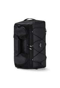 Black duffel bag with a rectangular shape, featuring a handle, multiple straps, and a textured surface. Includes a bungee cord system on the side.