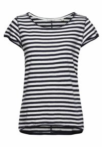 Maglietta a righe blu navy e bianca, maniche corte, materiale in cotone morbido, scollo rotondo, vestibilità slim, orlo piatto, dettaglio di cucitura semplice.