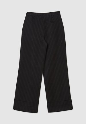 Black pinstriped trousers with wide, cropped legs, featuring a flat front, belt loops, and side pockets. Made of smooth fabric with a folded hem.