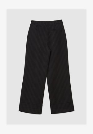 Black pinstriped trousers with wide, cropped legs, featuring a flat front, belt loops, and side pockets. Made of smooth fabric with a folded hem.