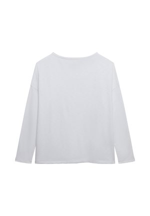 Prosty biały długi rękaw z okrągłym dekoltem, widoczny od tyłu na białym tle.