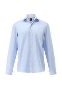Camicia azzurra a maniche lunghe realizzata in tessuto liscio, con colletto standard, chiusura con bottoni e bottoni bianchi lungo il davanti.