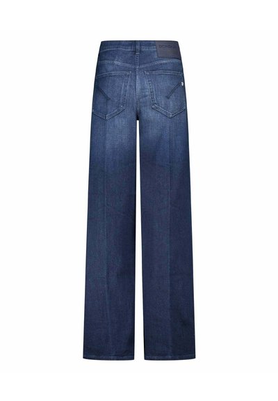 Jeans in denim a gamba larga di colore blu scuro con una texture liscia, dotati di due tasche posteriori e di una vita con marchio.