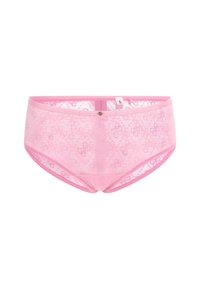 Pink lace hipster underwear with floral patterns, elastic waistband, and a small decorative gold accent. Size label visible inside.