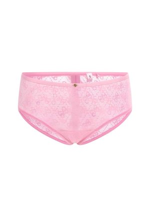 Roze kanten hipsterondergoed met bloemmotieven, elastische tailleband en een kleine decoratieve gouden accent. Maattag zichtbaar aan de binnenkant.
