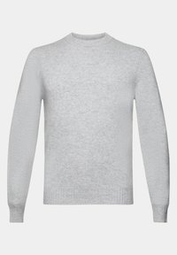 Hellgrauer Pullover aus weichem Strickmaterial, mit Rundhalsausschnitt sowie gerippten Bündchen und Saum. Einfache Ausführung ohne Muster oder Akzente.