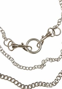 Metal kæde med en skinnende sølvfinish, der har sammenkoblede segmenter og en fjederlås for sikker fastgørelse. Bemærkelsesværdig cirkulær ringdetalje.