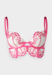 Sostén de encaje rosa con bordado floral y bordes festoneados, tela transparente y tirantes ajustables. Diseñado con un centro decorativo.