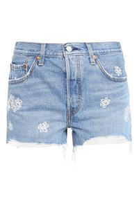 Shorts en denim bleu clair avec motifs floraux blancs brodés. Comprennent un ourlet effiloché, un design à cinq poches et une fermeture à bouton métallique.