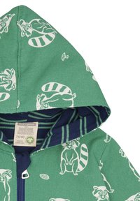 Felpa con cappuccio in cotone organico verde, con stampa di procione, foderata con righe blu navy, zip completa e cappuccio. Il design presenta motivi di animali giocosi.
