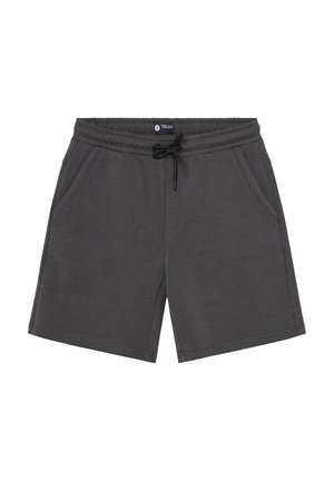 Szare bawełniane spodenki z elastycznym pasem, regulowanym sznurkiem i dwoma bocznymi kieszeniami. Gładka faktura, casualowy design.