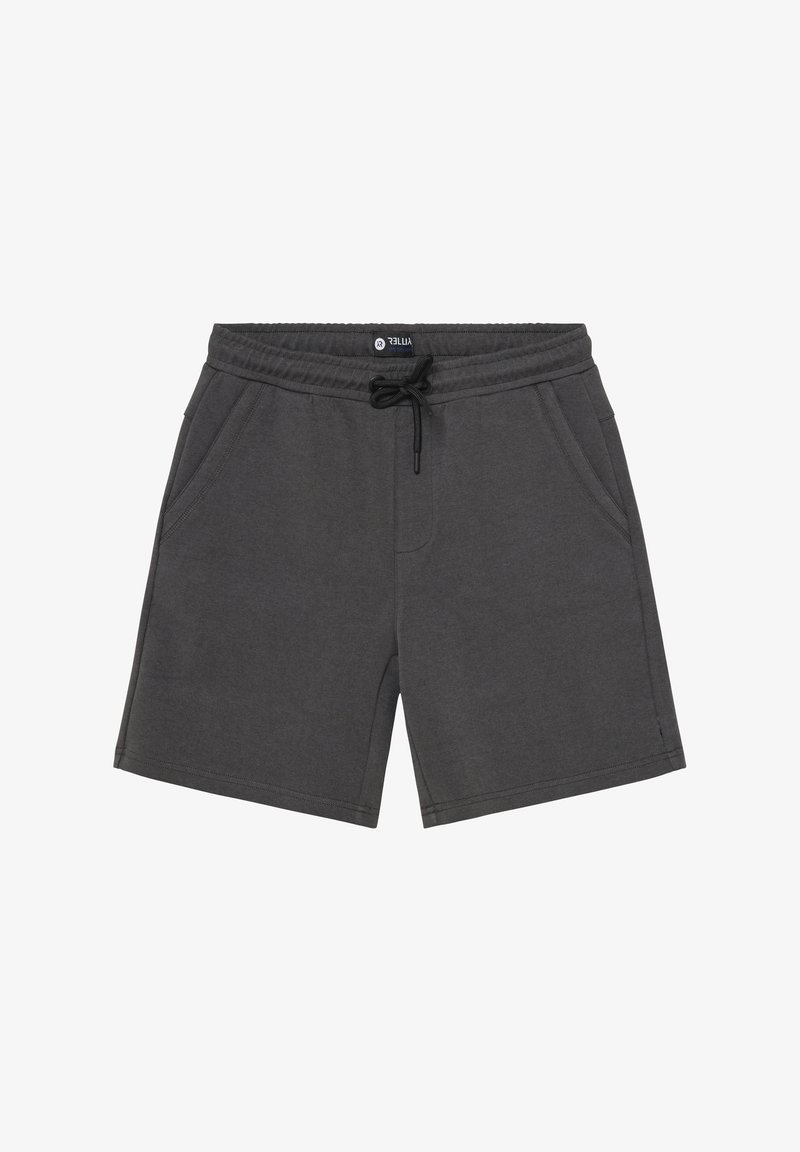Grijze katoenen shorts met een elastische tailleband, verstelbaar trekkoord en twee zijzakken. Soepele textuur, casual ontwerp.