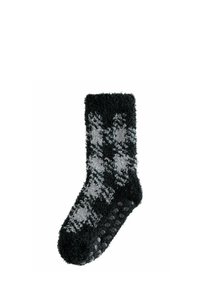 Flauschige Socken in Schwarz und Grau mit einem lockeren Bündchen, ausgestattet mit einer strukturierten Oberfläche und rutschfesten, gepunkteten Akzenten an der Sohle.