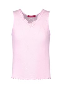 Light pink, sleeveless top with a ribbed texture, scalloped neckline, and a small bow accent. Features a pattern of small floral shapes.