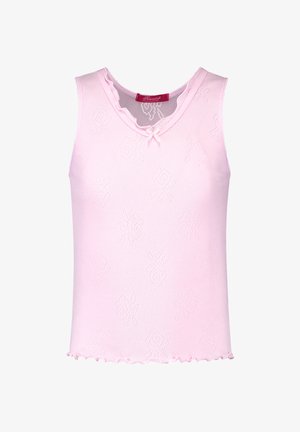 Light pink, sleeveless top with a ribbed texture, scalloped neckline, and a small bow accent. Features a pattern of small floral shapes.