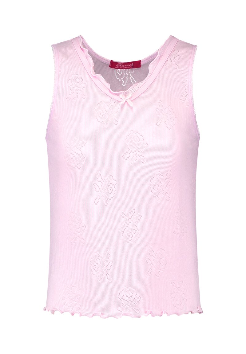 Light pink, sleeveless top with a ribbed texture, scalloped neckline, and a small bow accent. Features a pattern of small floral shapes.
