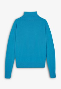 Türkiser Rollkragenpullover aus weichem Strick, mit geripptem Kragen und Bündchen, langen Ärmeln und einem kurz geschnittenen Design. Glatte Textur.