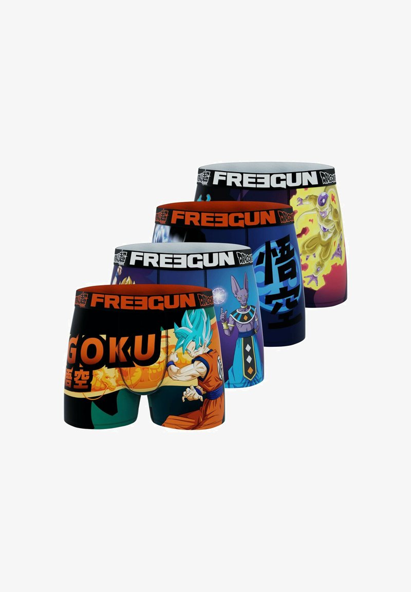 Quatre paires de boxers avec des imprimés colorés de Dragon Ball, dotés d'une large ceinture élastique. Les designs incluent Goku et d'autres personnages.