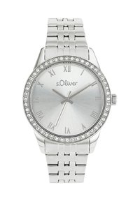 Silberne Uhr mit rundem Zifferblatt, römischen Zahlen und einem mit Cristallen verzierten Gehäuse. Metallarmband mit einem Gliederdesign. Marke: s.Oliver.